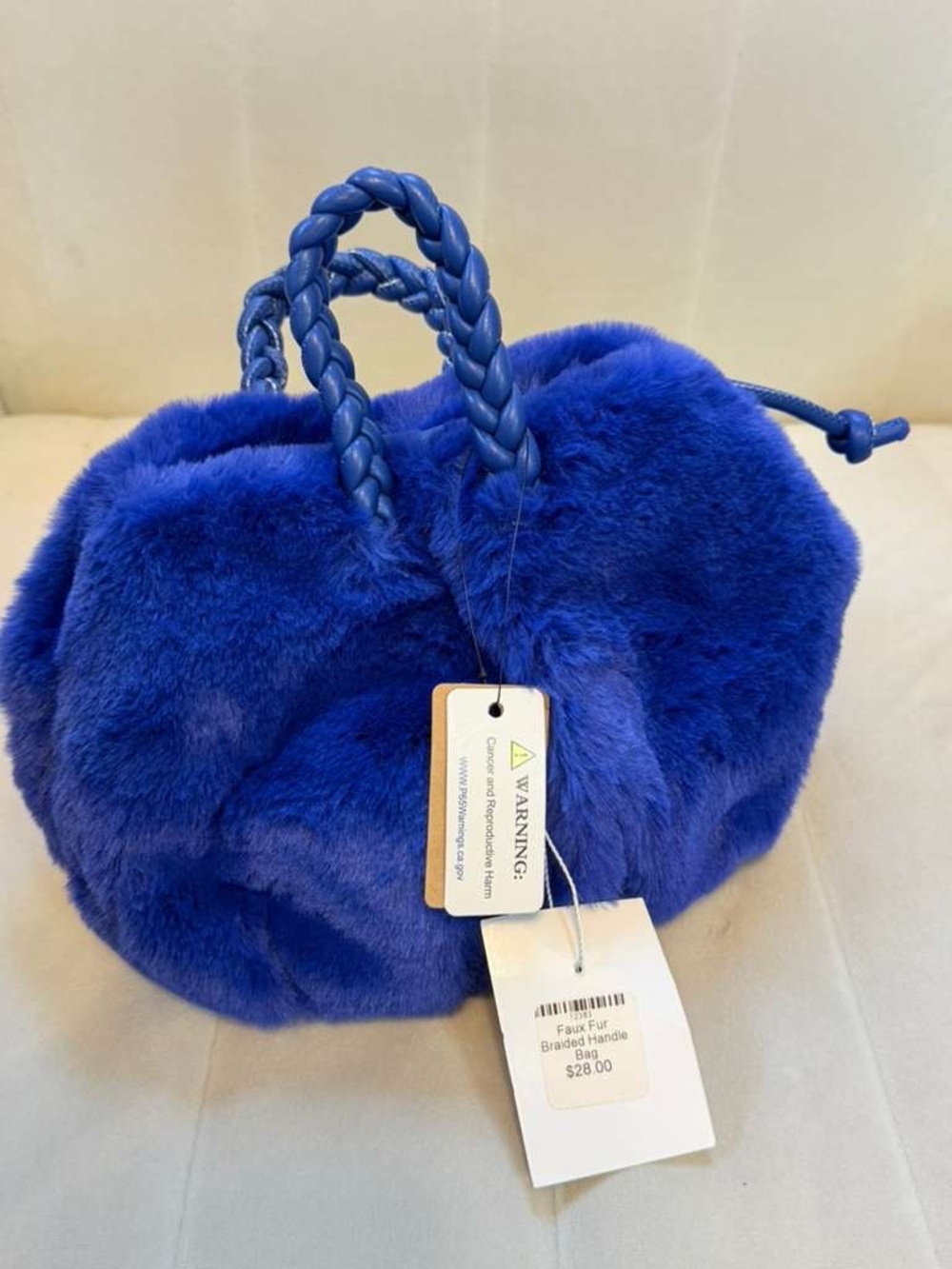 Blue Faux Fur Braided Handle Tote Bag